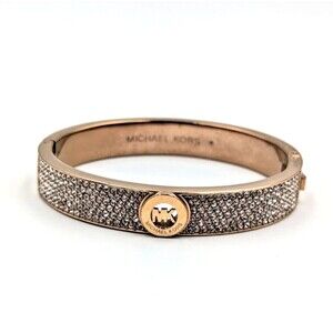 Michael Kors Gold Tone Pave Rhinestone MK Logo Bangle Bracelet 6.5"